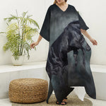 Black Stallion Horse Print Silk V-Neck Kaftan Dress
