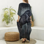 Black Stallion Horse Print Silk V-Neck Kaftan Dress