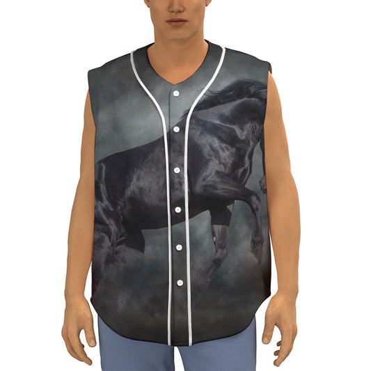 Black Stallion Horse Print Sleeveless Baseball Jersey
