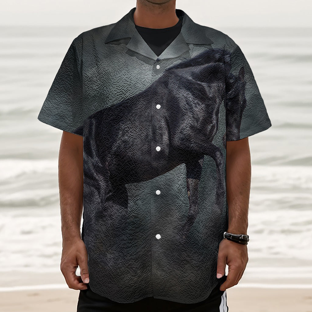 Black Stallion Horse Print Textured Short Sleeve Shirt