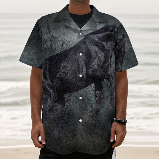 Black Stallion Horse Print Textured Short Sleeve Shirt