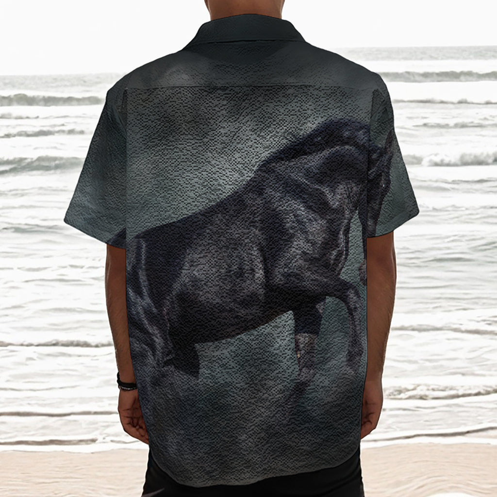 Black Stallion Horse Print Textured Short Sleeve Shirt