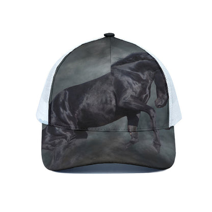 Black Stallion Horse Print White Mesh Trucker Cap