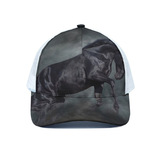 Black Stallion Horse Print White Mesh Trucker Cap