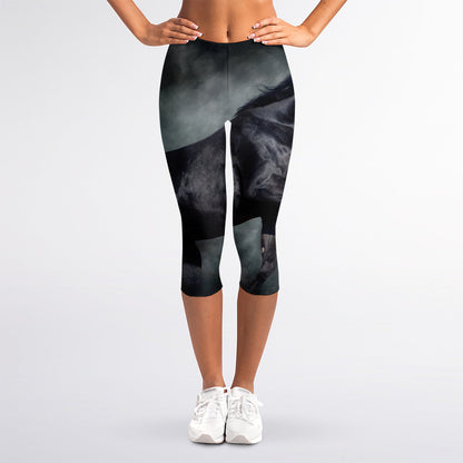 Black Stallion Horse Print Women's Capri Leggings