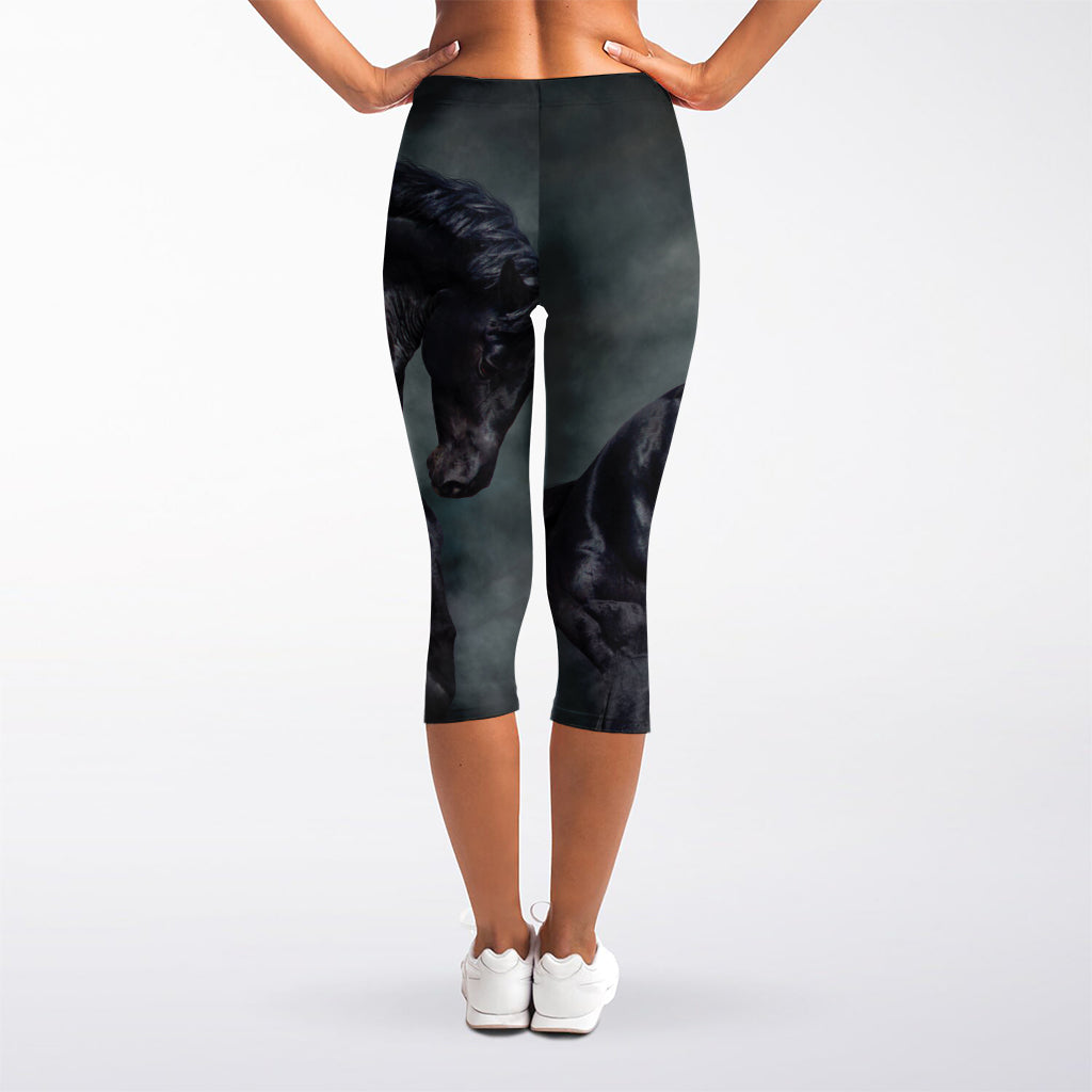 Black Stallion Horse Print Women's Capri Leggings