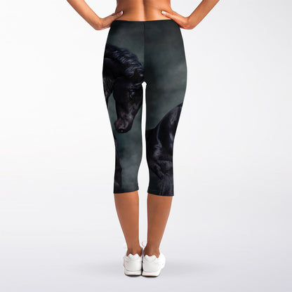 Black Stallion Horse Print Women's Capri Leggings