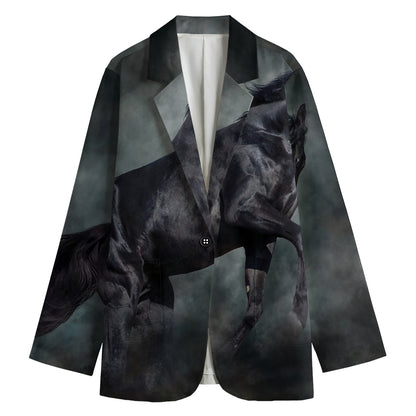 Black Stallion Horse Print Women's Cotton Blazer