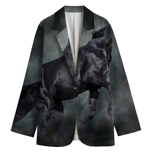 Black Stallion Horse Print Women's Cotton Blazer