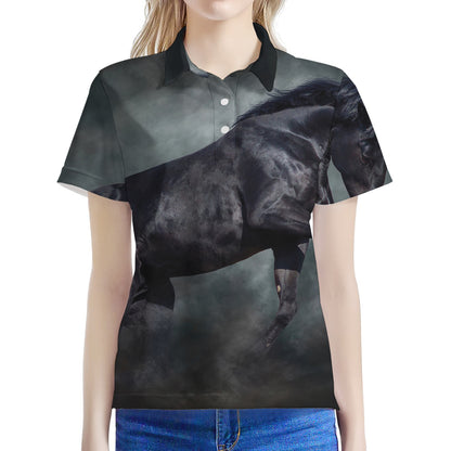 Black Stallion Horse Print Women's Polo Shirt