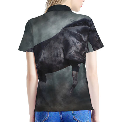 Black Stallion Horse Print Women's Polo Shirt