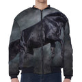 Black Stallion Horse Print Zip Sleeve Bomber Jacket
