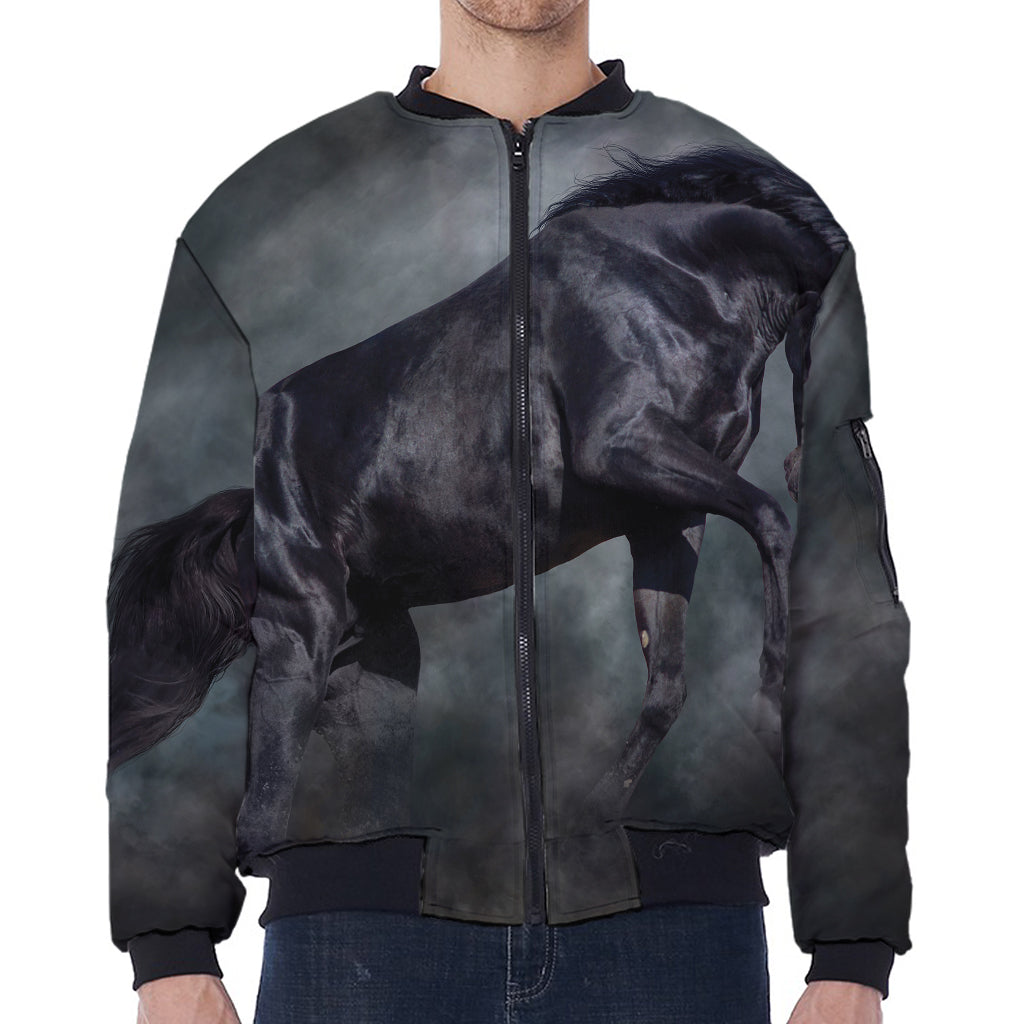 Black Stallion Horse Print Zip Sleeve Bomber Jacket