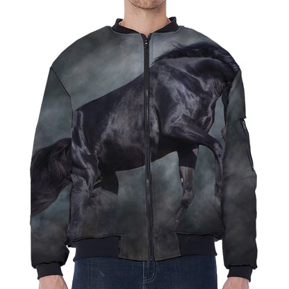 Black Stallion Horse Print Zip Sleeve Bomber Jacket