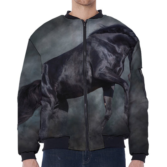 Black Stallion Horse Print Zip Sleeve Bomber Jacket