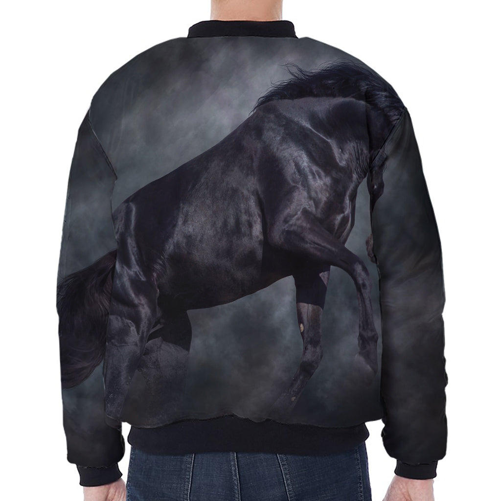 Black Stallion Horse Print Zip Sleeve Bomber Jacket