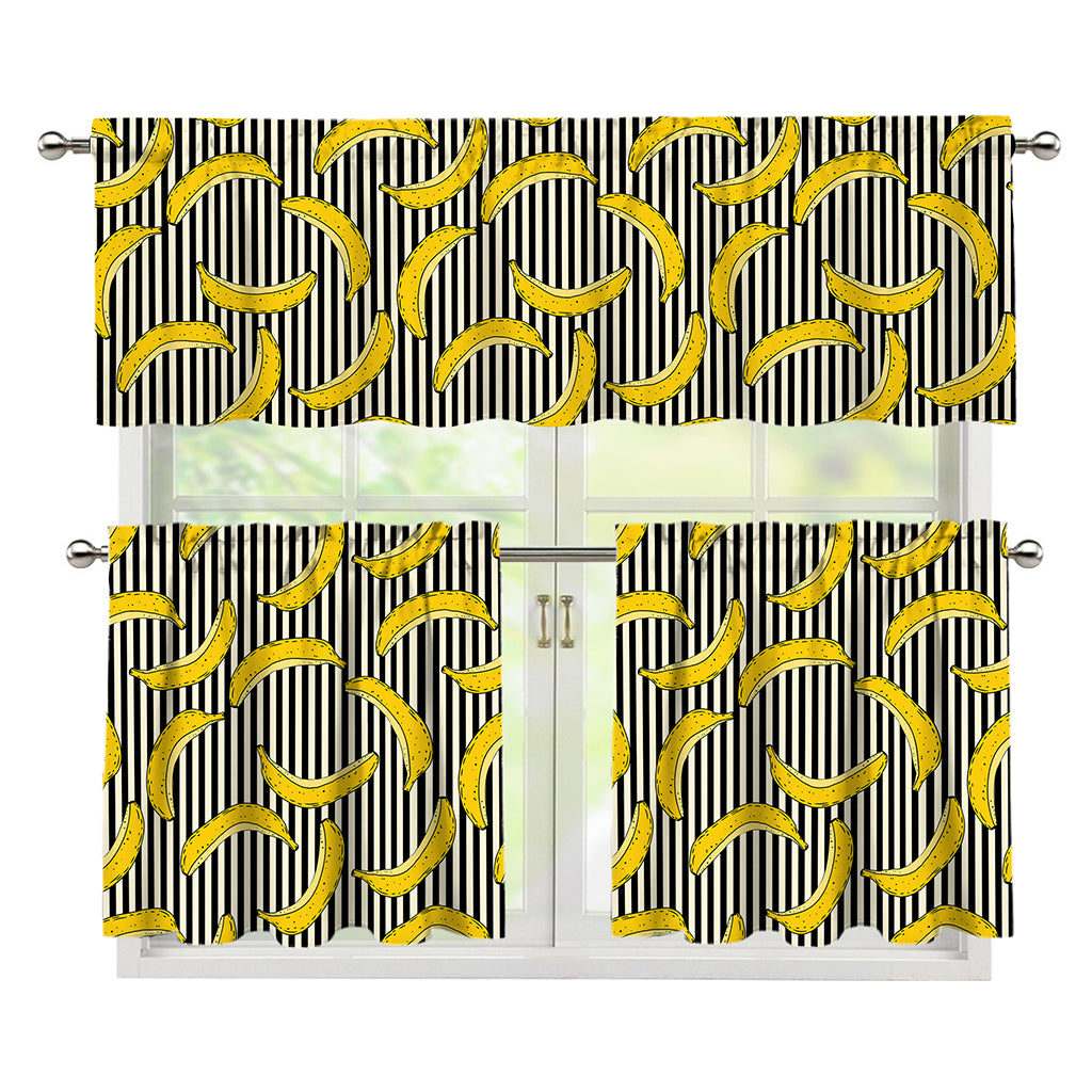Black Striped Banana Pattern Print 3 Piece Kitchen Curtains
