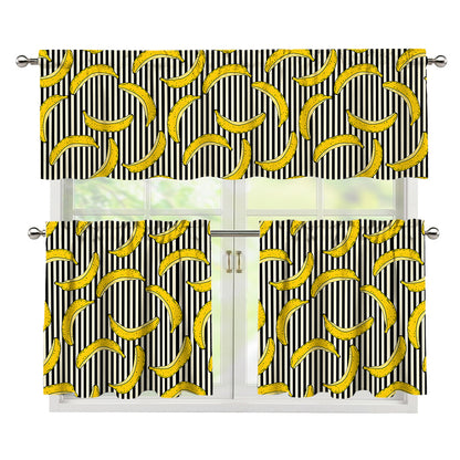 Black Striped Banana Pattern Print 3 Piece Kitchen Curtains