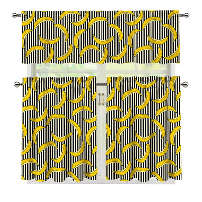 Black Striped Banana Pattern Print 3 Piece Kitchen Curtains