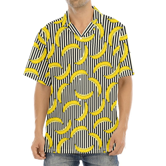 Black Striped Banana Pattern Print Aloha Shirt
