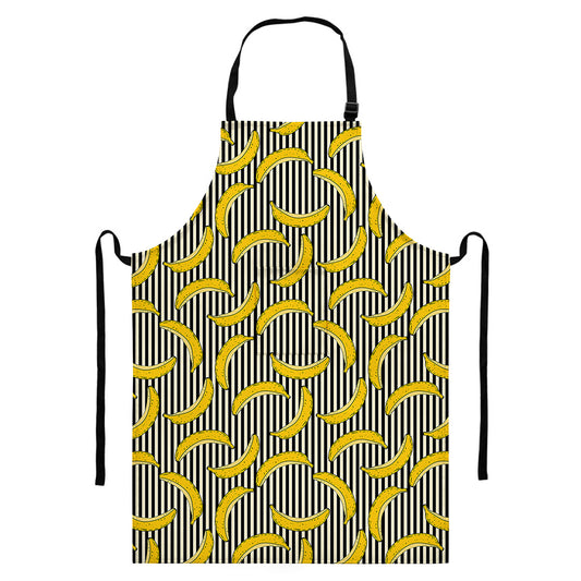 Black Striped Banana Pattern Print Bib Apron With Pocket