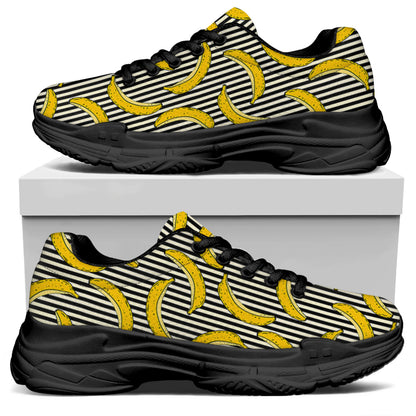 Black Striped Banana Pattern Print Black Chunky Shoes