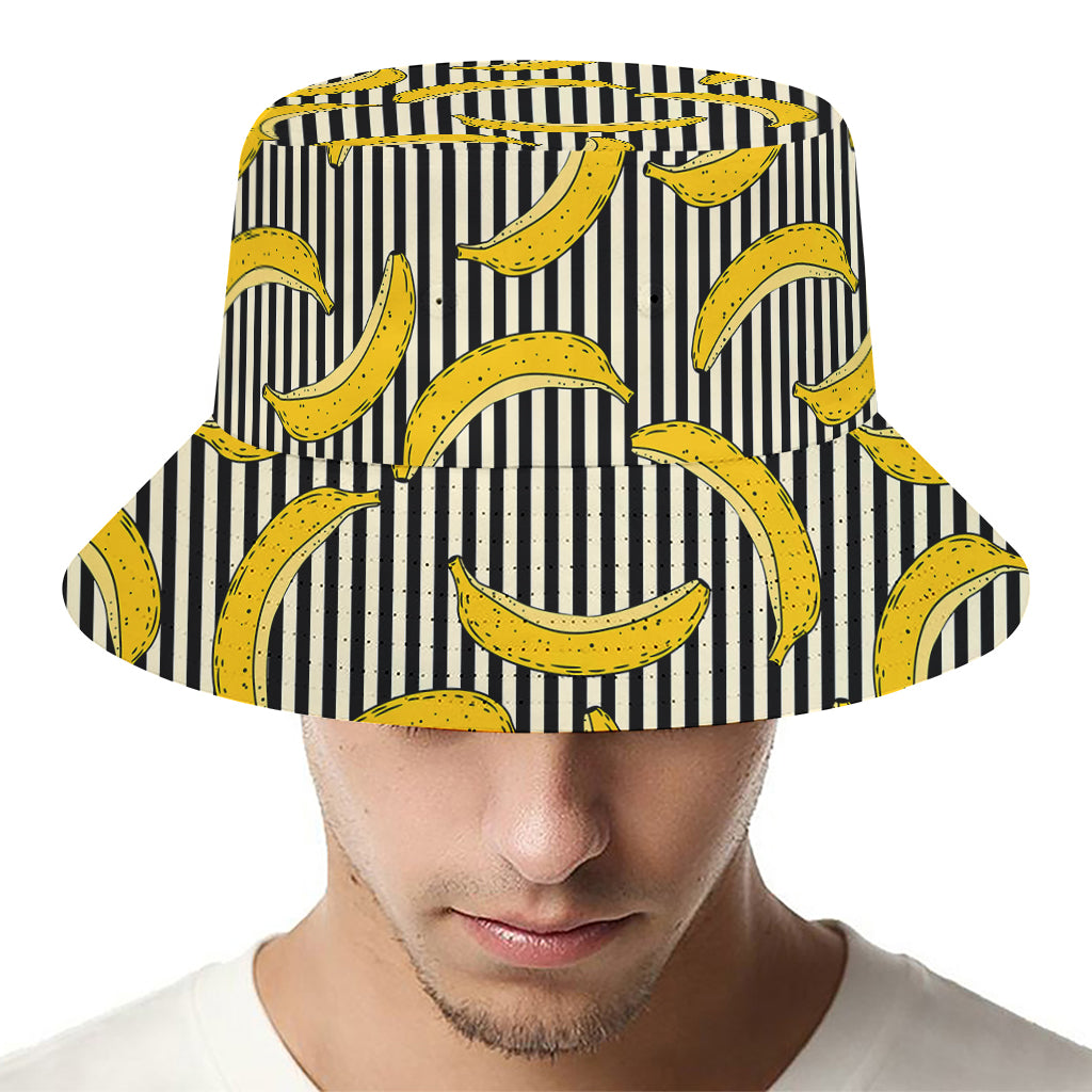 Black Striped Banana Pattern Print Bucket Hat