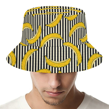 Black Striped Banana Pattern Print Bucket Hat