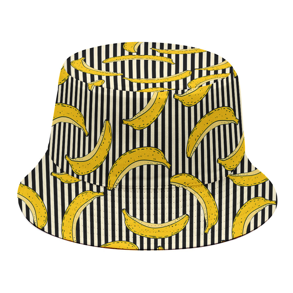 Black Striped Banana Pattern Print Bucket Hat
