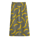 Black Striped Banana Pattern Print Cotton Front Slit Maxi Skirt