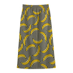 Black Striped Banana Pattern Print Cotton Front Slit Maxi Skirt