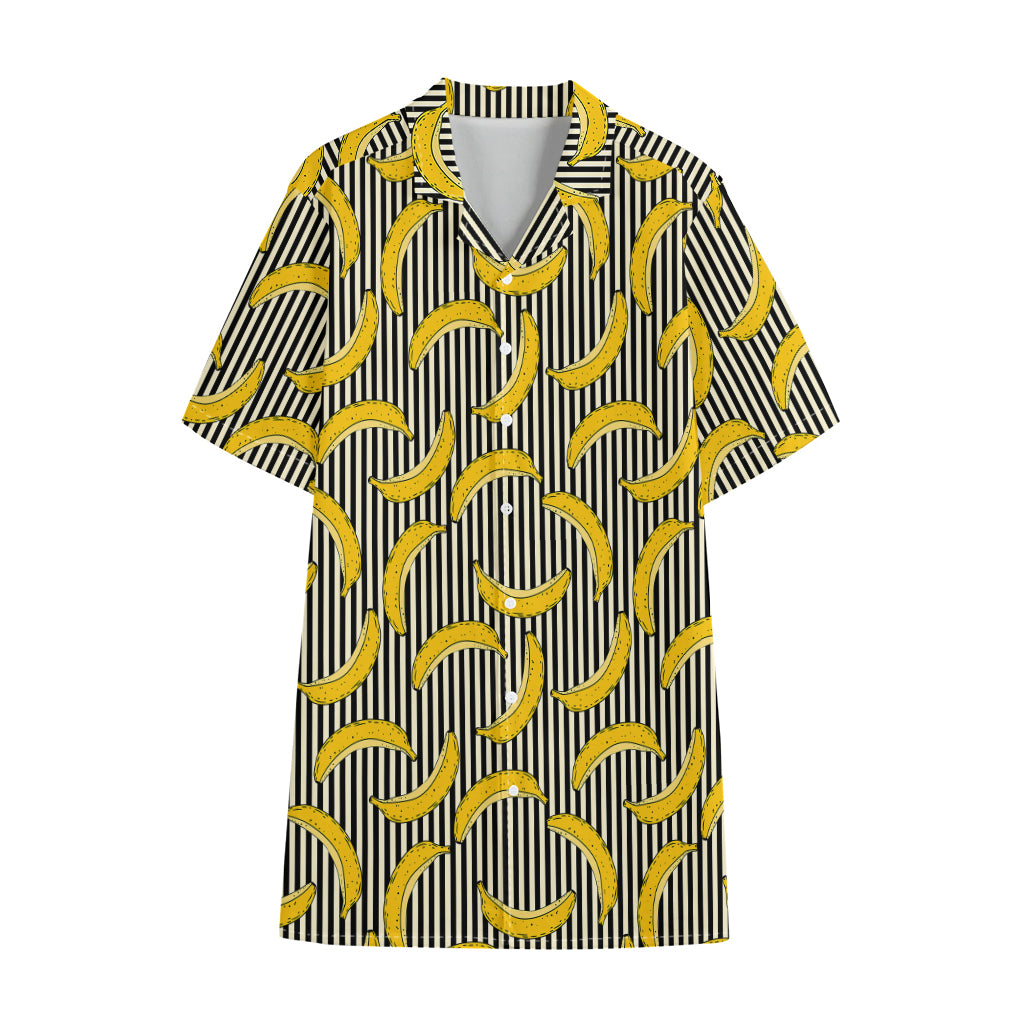 Black Striped Banana Pattern Print Cotton Hawaiian Shirt