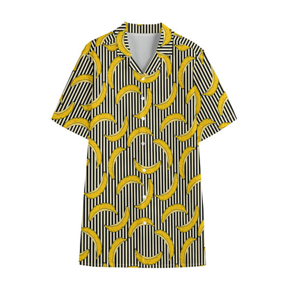 Black Striped Banana Pattern Print Cotton Hawaiian Shirt