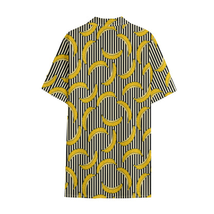 Black Striped Banana Pattern Print Cotton Hawaiian Shirt