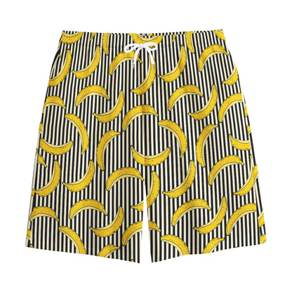 Black Striped Banana Pattern Print Cotton Shorts
