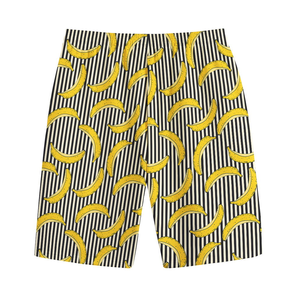 Black Striped Banana Pattern Print Cotton Shorts