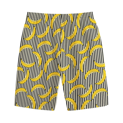 Black Striped Banana Pattern Print Cotton Shorts