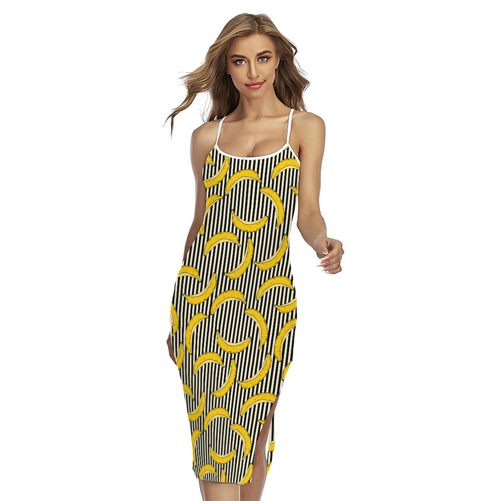 Black Striped Banana Pattern Print Cross Back Cami Dress