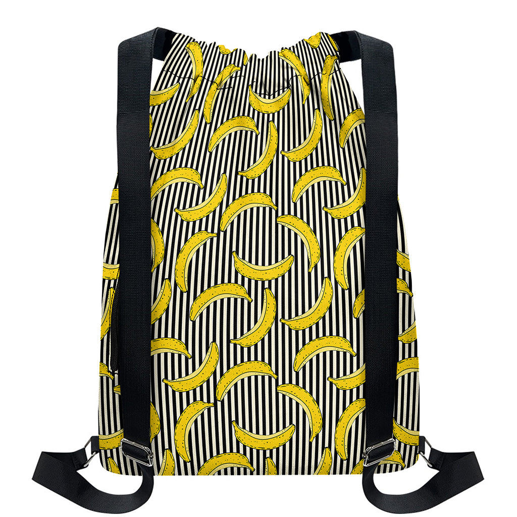 Black Striped Banana Pattern Print Drawstring Backpack