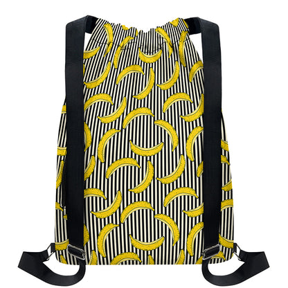 Black Striped Banana Pattern Print Drawstring Backpack