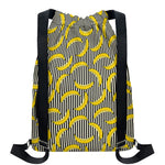 Black Striped Banana Pattern Print Drawstring Backpack