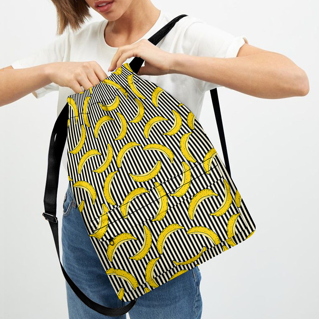 Black Striped Banana Pattern Print Drawstring Backpack