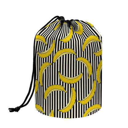 Black Striped Banana Pattern Print Drawstring Makeup Bag