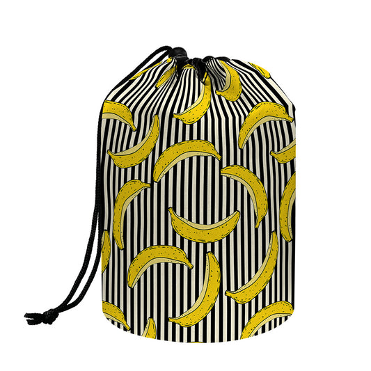 Black Striped Banana Pattern Print Drawstring Makeup Bag