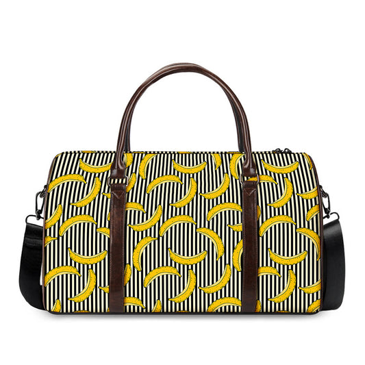 Black Striped Banana Pattern Print Duffle Bag