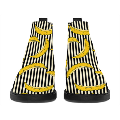 Black Striped Banana Pattern Print Flat Ankle Boots