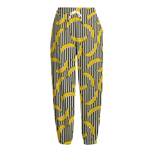 Black Striped Banana Pattern Print Fleece Lined Knit Pants