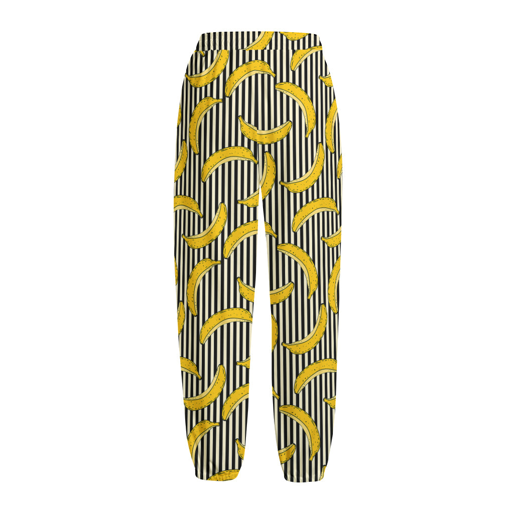 Black Striped Banana Pattern Print Fleece Lined Knit Pants
