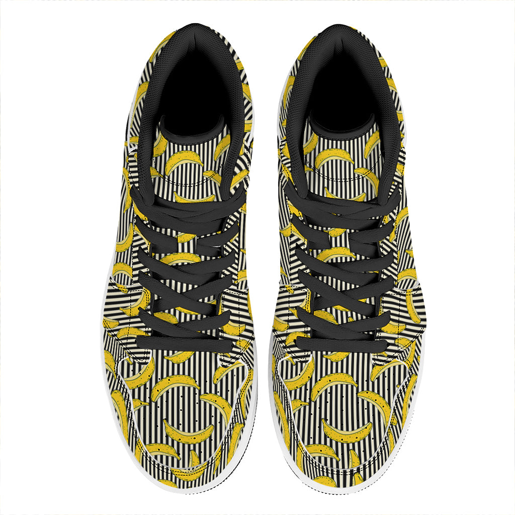 Black Striped Banana Pattern Print High Top Leather Sneakers