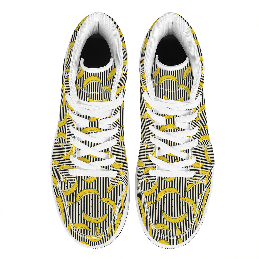 Black Striped Banana Pattern Print High Top Leather Sneakers